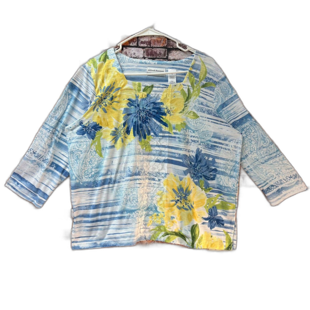 Alfred Dunner Top Sz PL 3/4 Sleeve Blue Sequin Bloom Sz PL